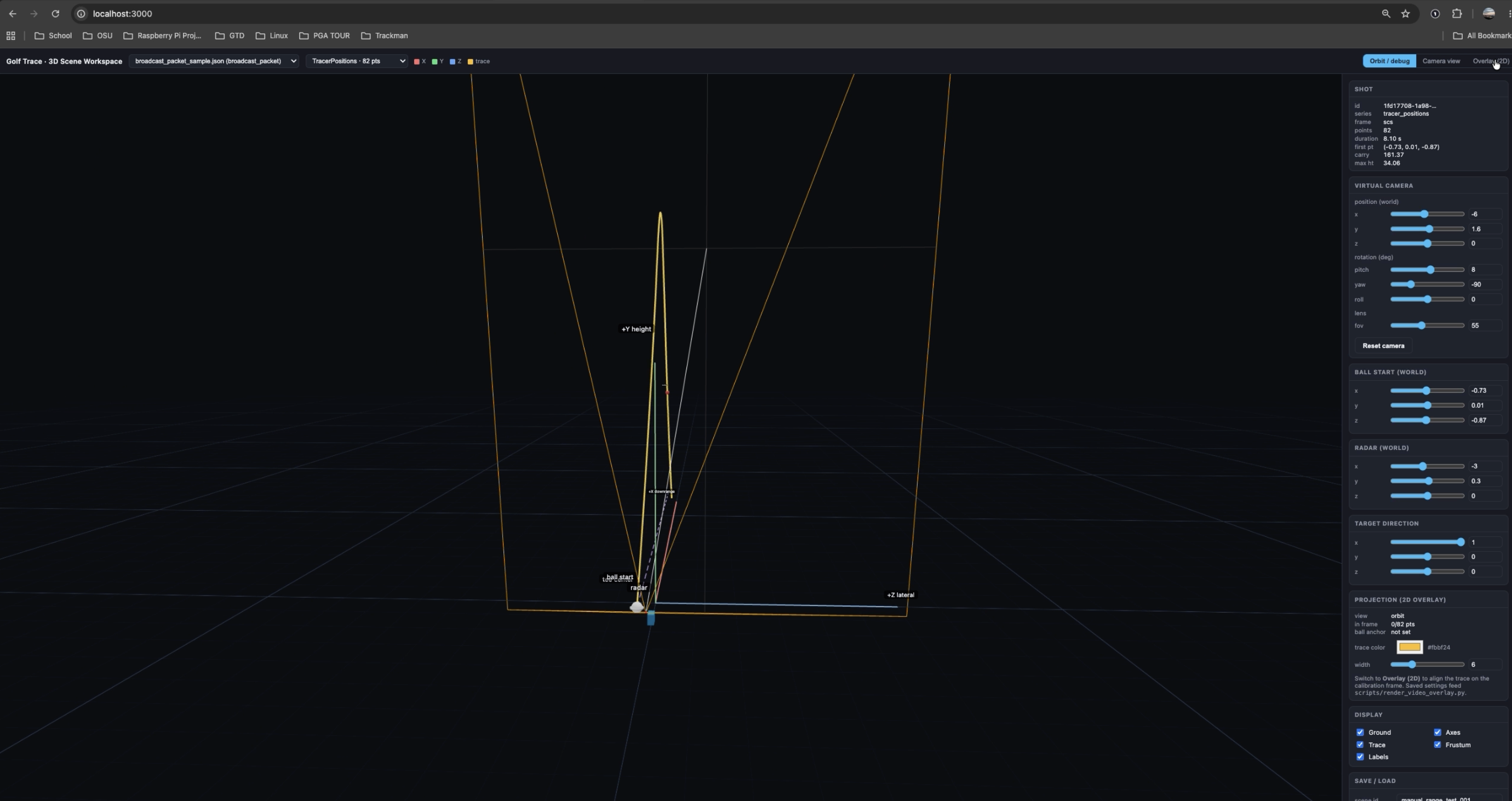 3D scene workspace showing the radar trajectory, camera frustum, projection overlay, and calibration controls.